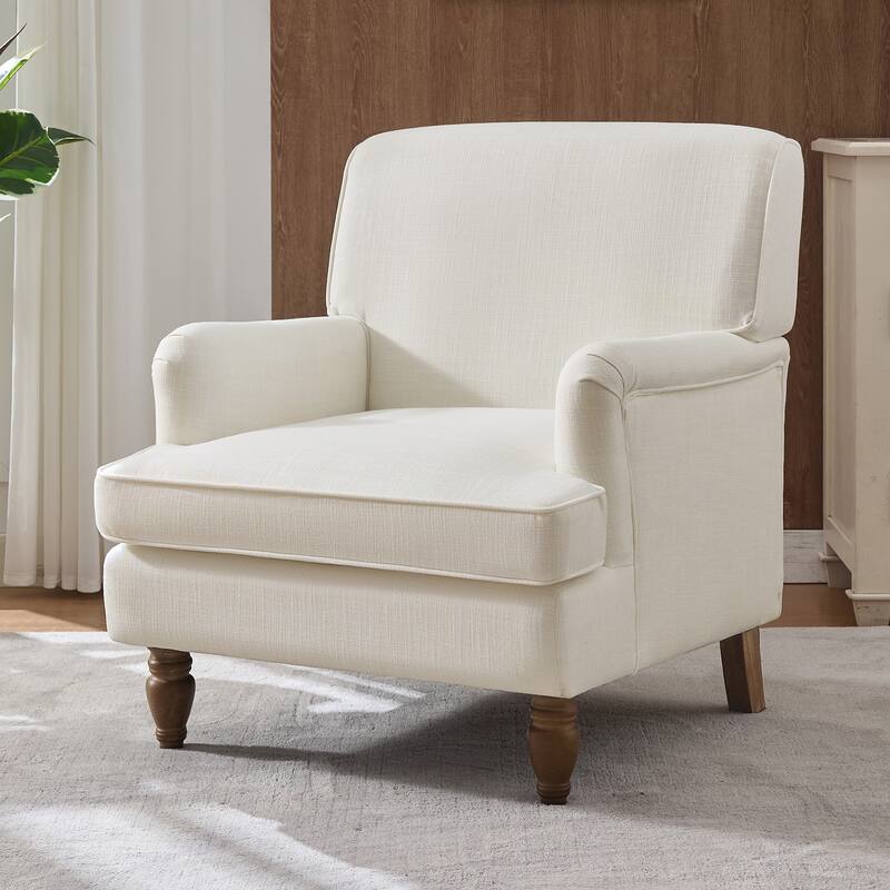 Vintage Upholstered Linen Fabric Armchair with Antique Solid Wood Legs, Accent Chair Single Sofa Chair for Living Room - Cream