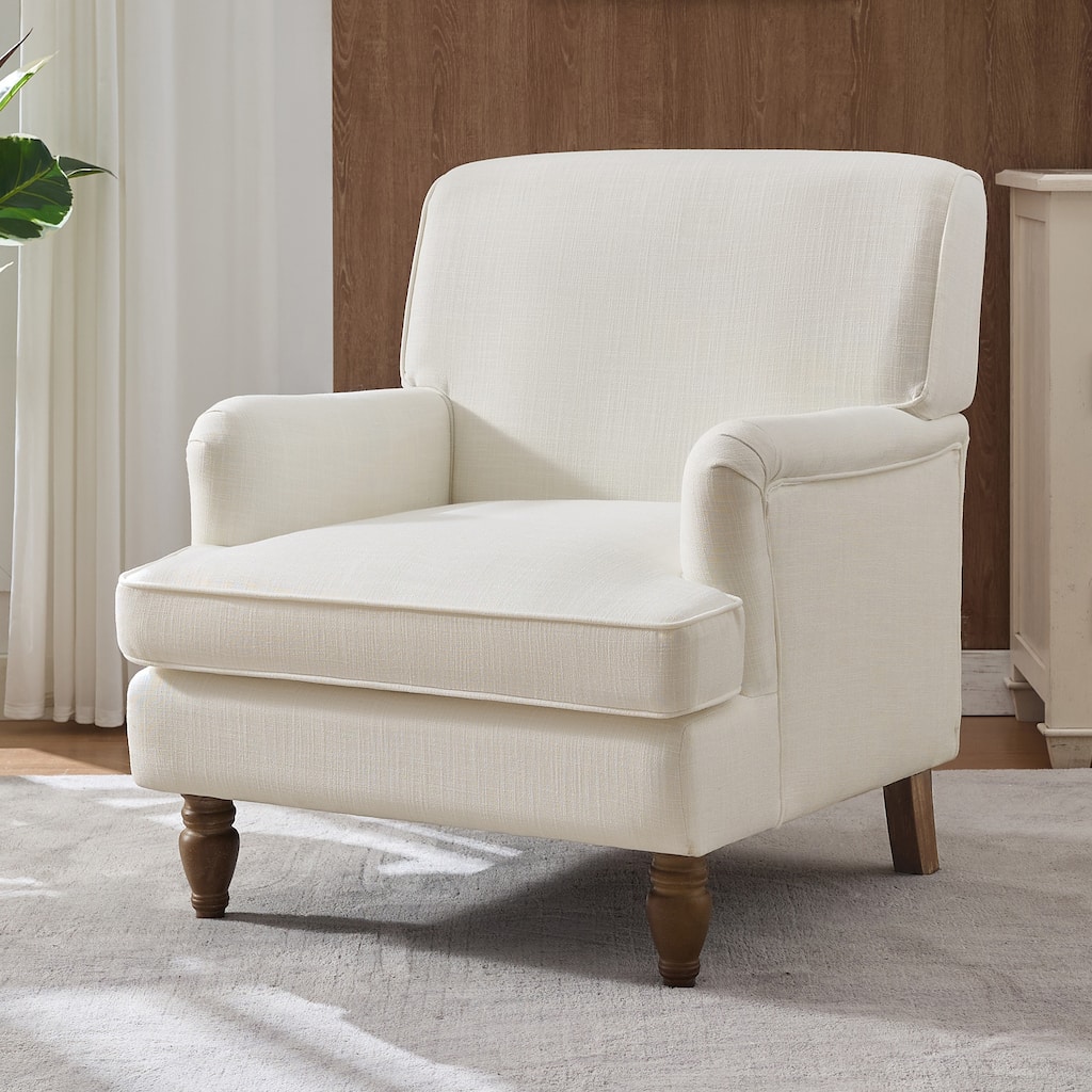Vintage Upholstered Linen Fabric Armchair with Antique Solid Wood Legs