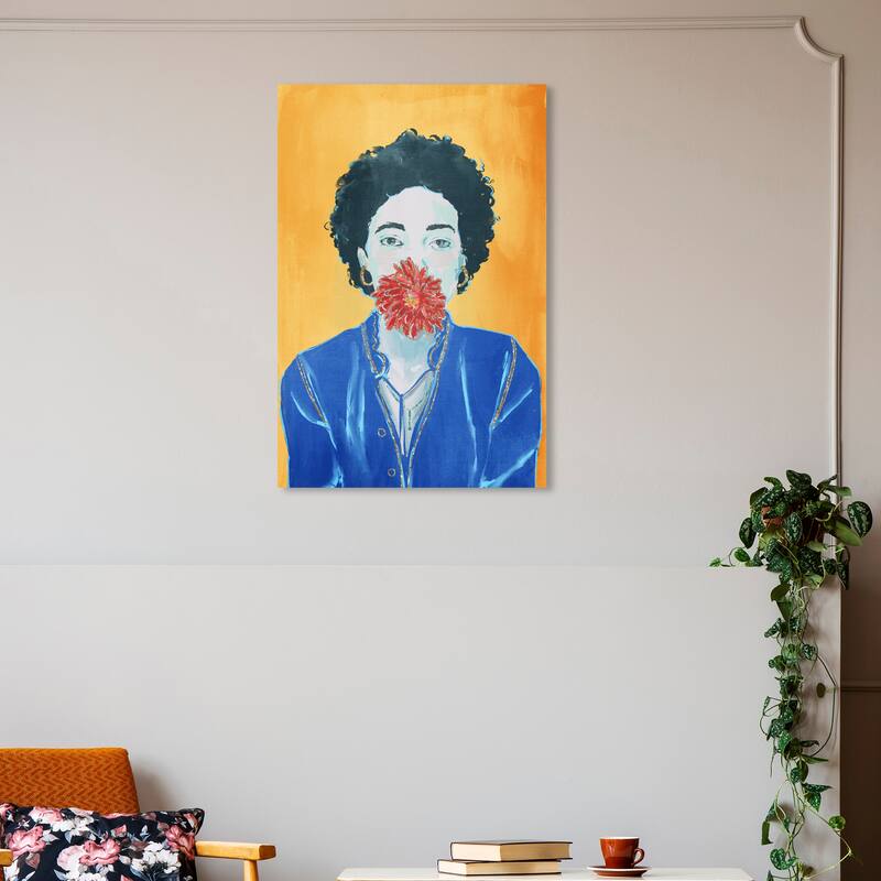 Wynwood Studio Canvas Floral and Botanical Silence with a Flower Golden Blue and Modern & Contemporary Wall Art Canvas Print - 30 x 20