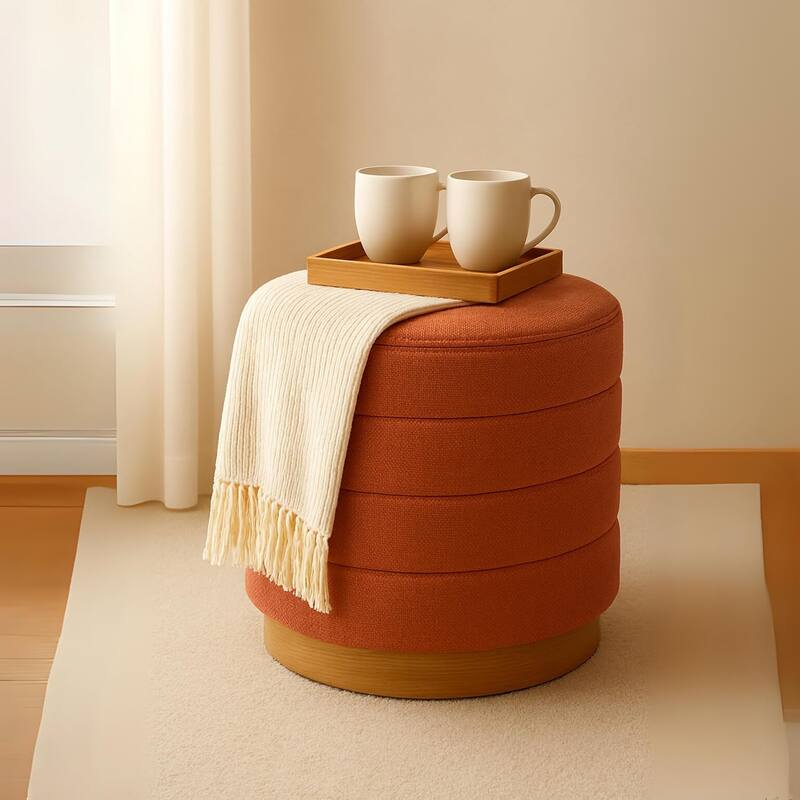 Modern Cylinder Ottoman with Hidden Storage Linen Upholstery Seat