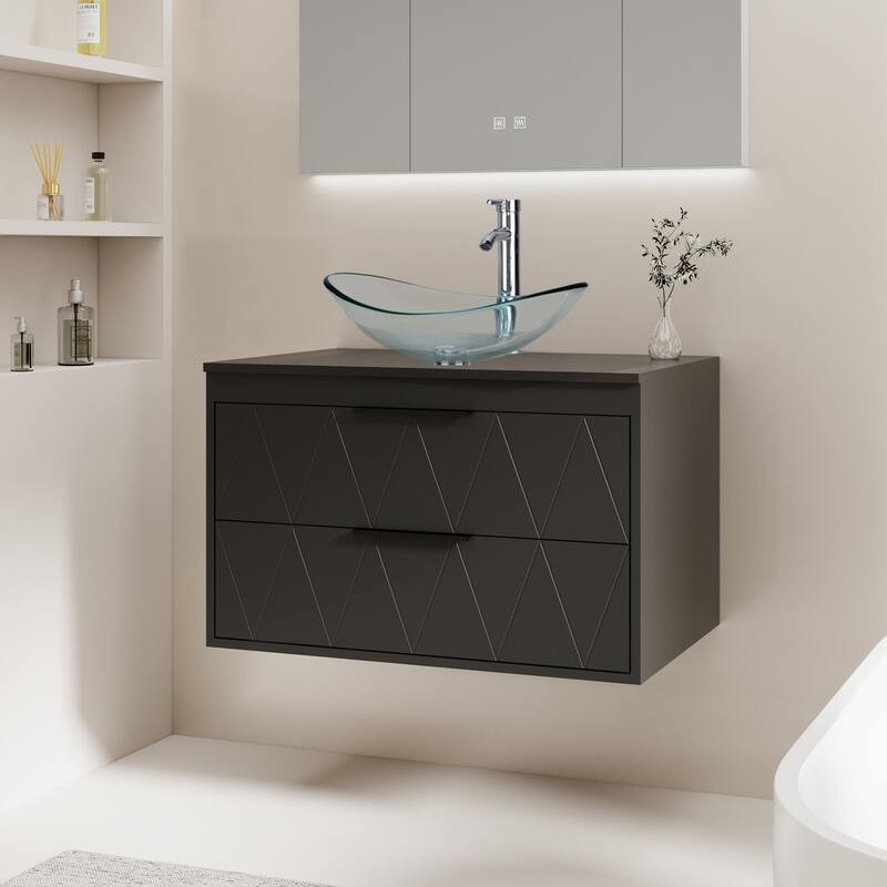 Modern Wall Mounted Bathroom Vanity Set with Vessel Sink & Faucet - black-30 in - 30-2 Glass clear boat sink