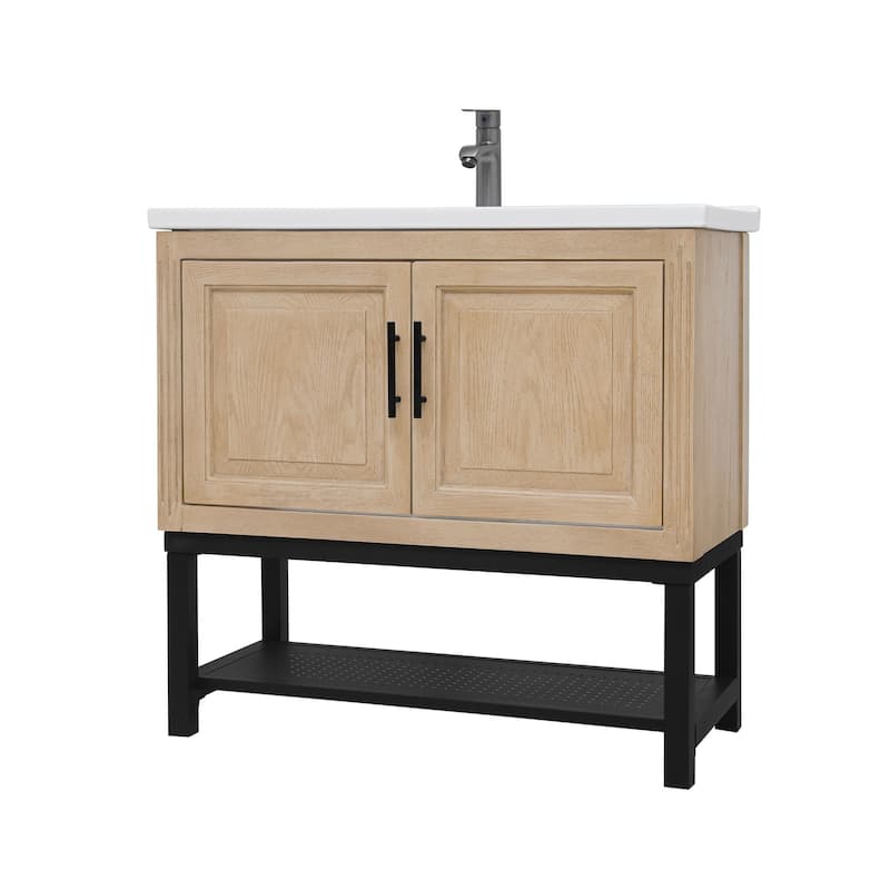 GDFStudio - CompactLine Modern Freestanding Bathroom Vanity with Ceramic Sink and Open Metal Shelf - 36 Inch