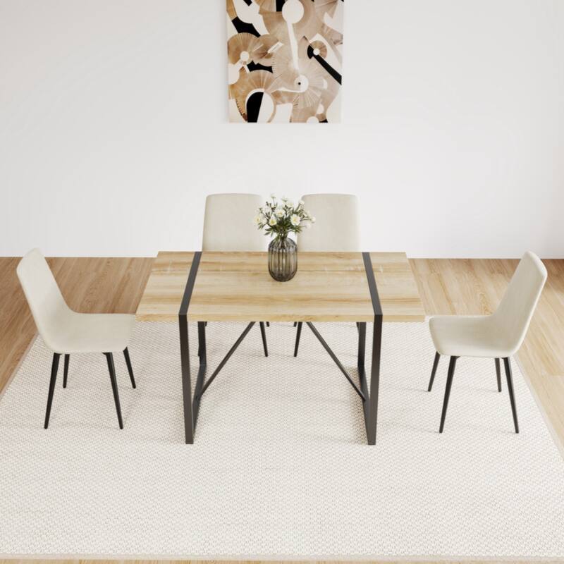 MDF Wood Colour Dining Table and Modern Dining Chairs Set of 4, Dining Room Table and Linen Chairs - Natural+Beige