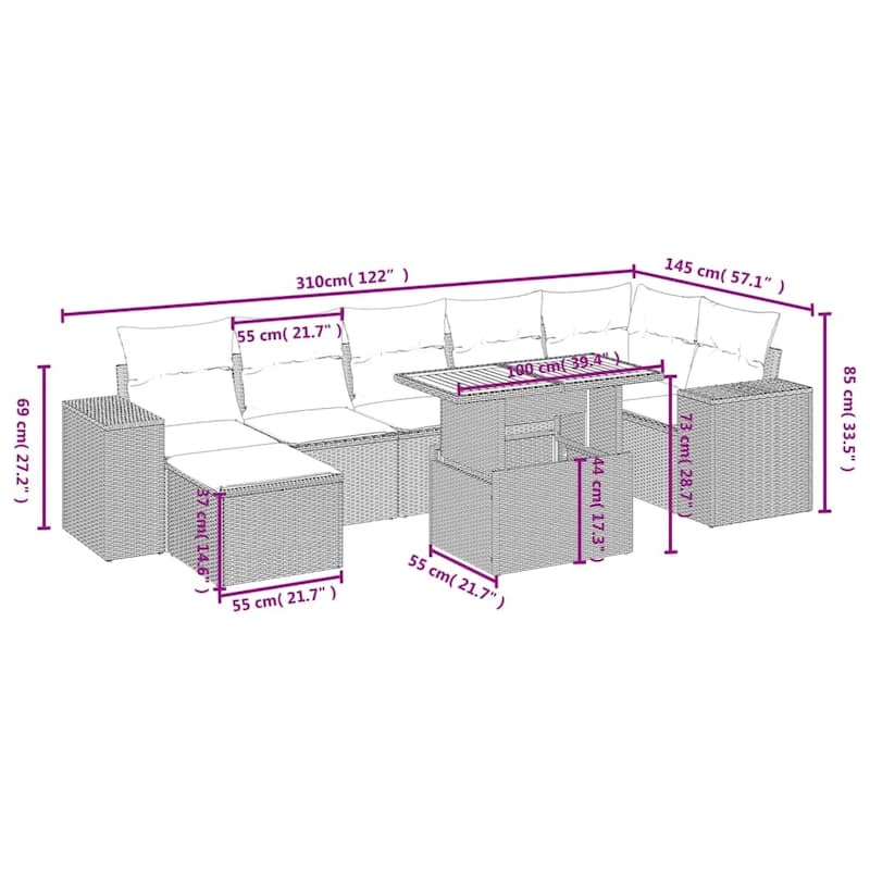 vidaXL Patio Sofa Set with Cushions Outdoor Conversation Furniture Poly Rattan - 21.7 x 24.4 x 27.2