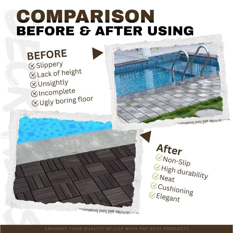 30 PCS Interlocking Deck Tiles Checker Pattern, 12" x 12" Square Acacia Hardwood Outdoor Flooring for Patio,Bancony,Pool Side