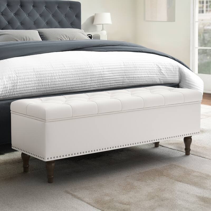 Tufted Upholstered Storage Bench Ottoman with Hidden Storage for Bedroom, or Living Room - Ivory Beige