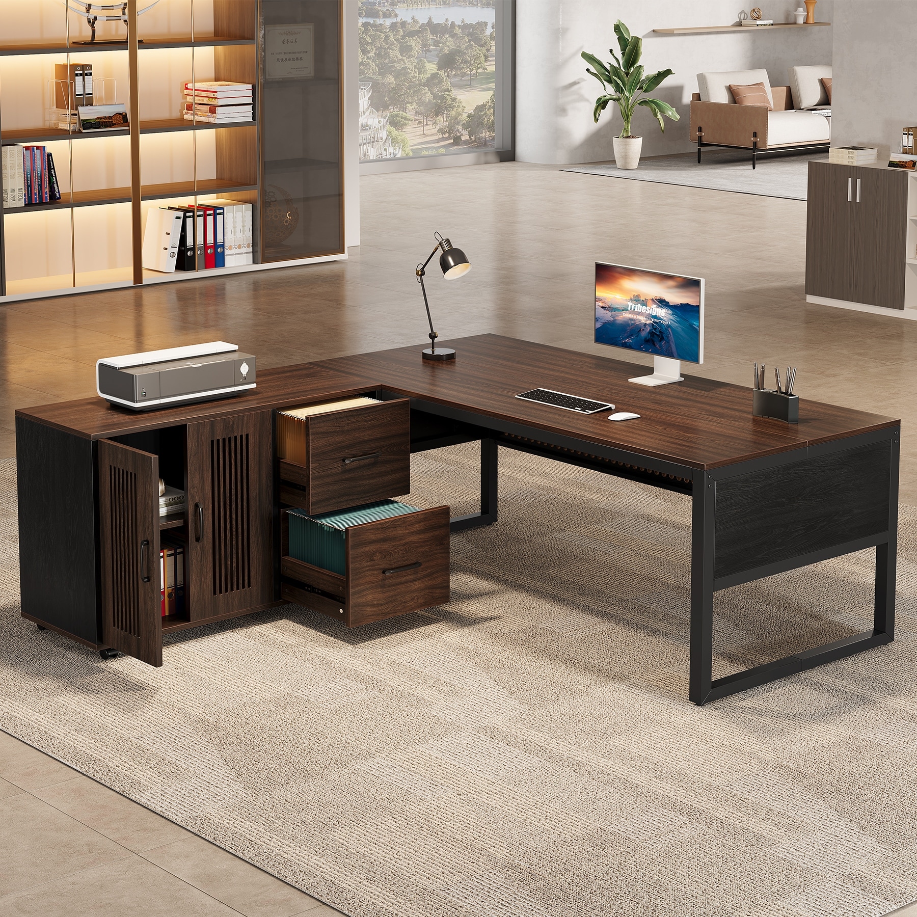 63'' Executive Computer Desk and Mobile File Cabinet for Home Office