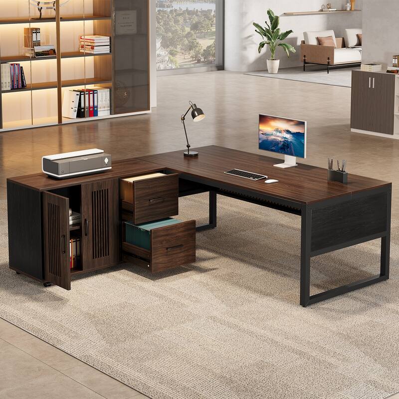 63'' Executive Computer Desk and Mobile File Cabinet for Home Office - Walnut+Black