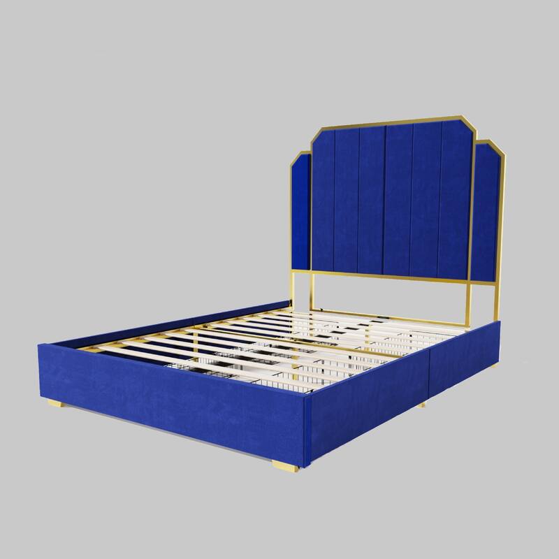 Modern Queen Size Bed Frame with Velvet Upholstery, Gold-Plated Accents, 59" Headboard - Blue - Queen