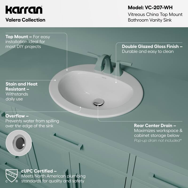 Karran Valera 21" Oval Top Mount Vitreous China Bathroom Sink in White
