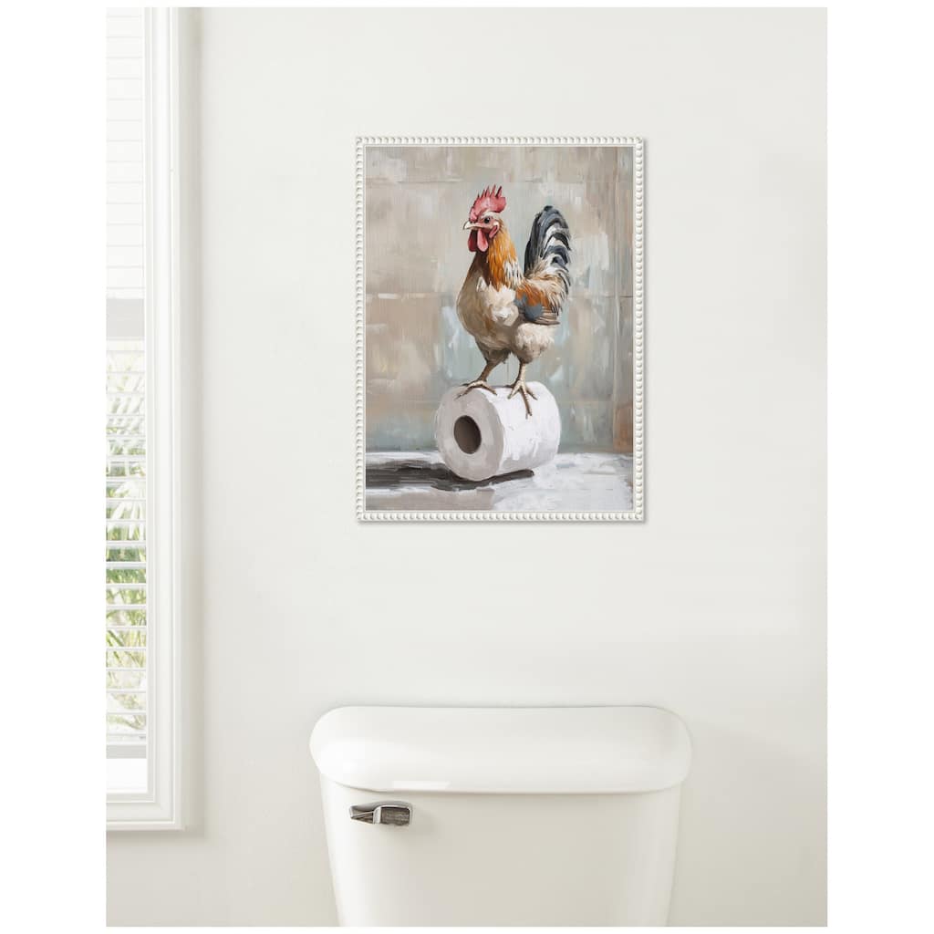 Kate and Laurel Sylvie Rooster Standing with Toilet Paper Rolls Bathroom Art Framed Canvas by The Creative Bunch Studio