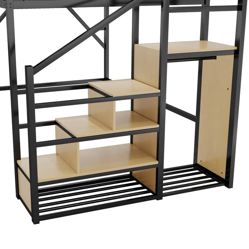 Metal Loft Bed with Storage Stairs Upper Storage Shelves and Wardrobe, Metal Structure Bed Optional Desk Charging Station