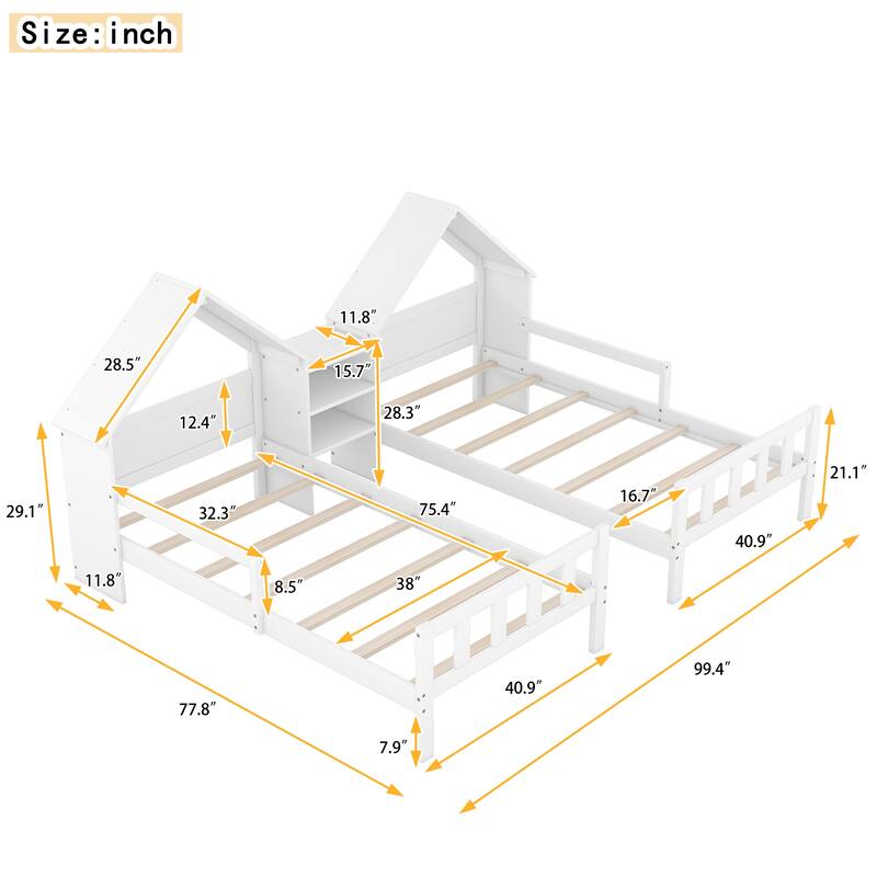 Double Platform Bed with House-shaped Headboard and a Built-in Nightstand