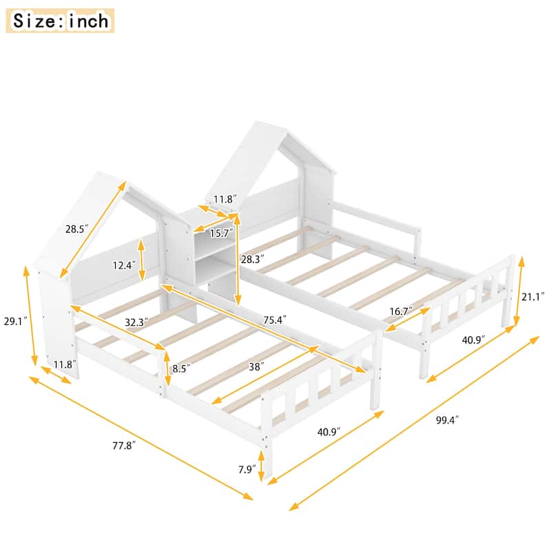 Double Twin Size Platform bed with House-shaped Headboard and a Built-in Nightstand, White