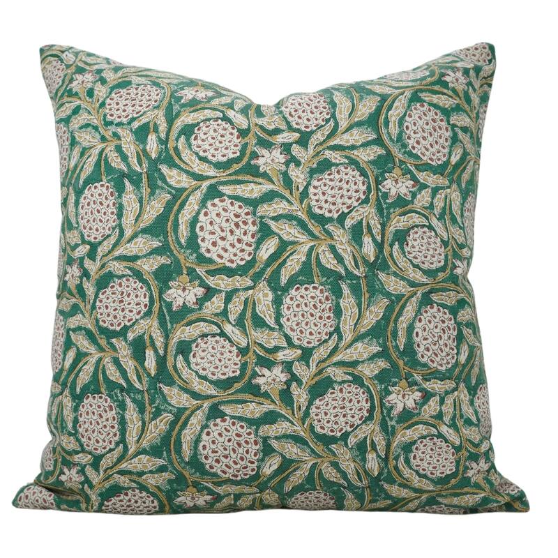 Fabdivine Hand Block Print Pillowcase in Cotton for Hotel Floral Cushion Cover Farmhouse Throw Décor, Coastal Tulip - Meraki- Green, Dark Brown - 24" x 24" - Pillow Covers