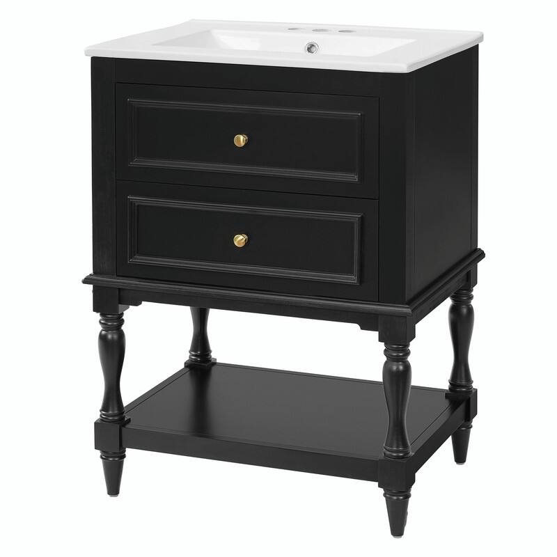 24" Bathroom Vanity with Ceramic Sink, Retro Open-Shelf Cabinet with 2 Drawers