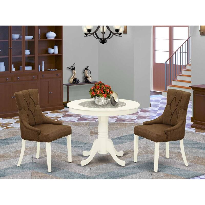 HomeStock 3-Pc Linen White Finish Solid Wood Top - Round Dining Room Set - Seats 4
