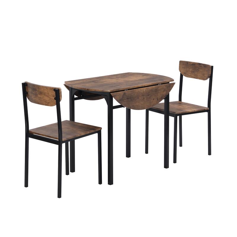 3-Piece Modern Round Dining Table Set Solid Wood Drop-Leaf Kitchen Table with 2 Chairs, Space-Saving Dining Set for Small Spaces
