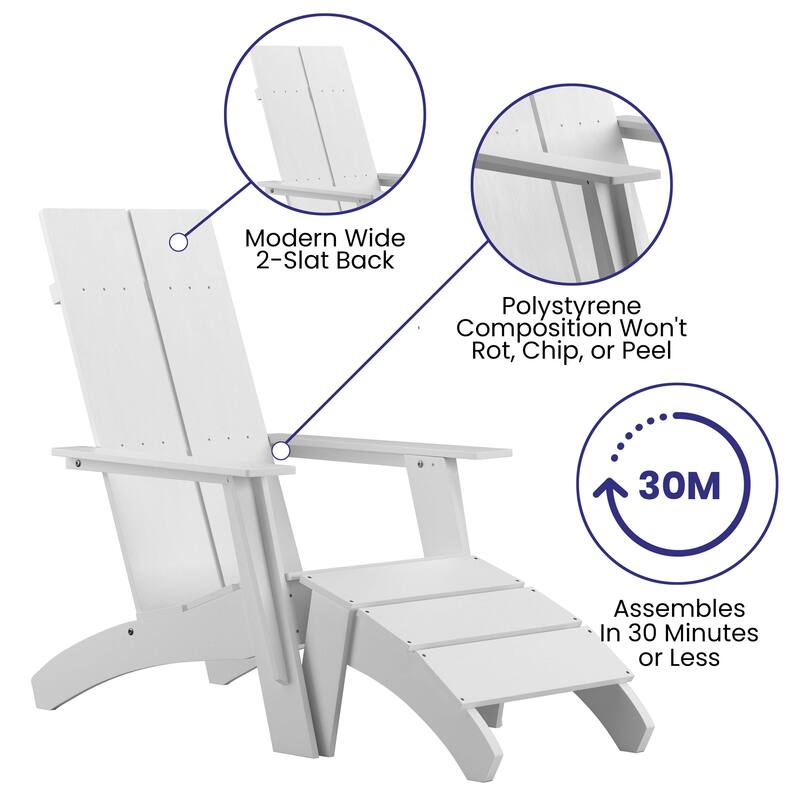 Indoor/Outdoor Modern 2-Slat Adirondack Style Chair and Footrest in Gray