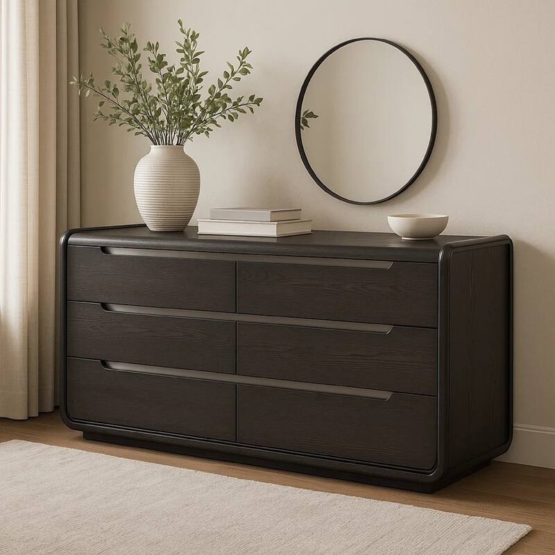 Osko 6 Drawer Wide Dresser, Black Solid Wood with Stainless Steel Trim