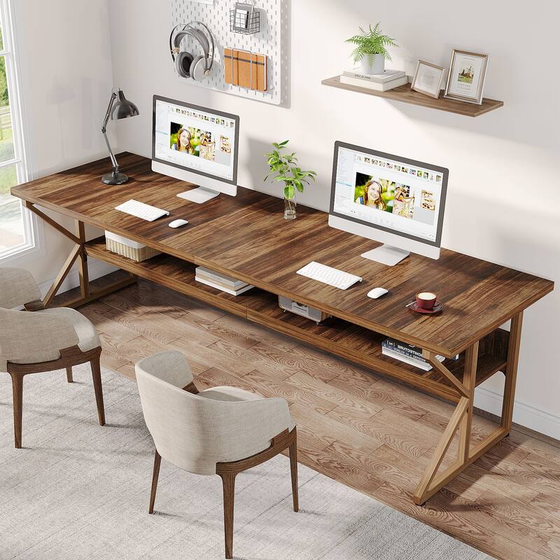 78-Inch 2 Person Desk, Long Desk with Storage Shelf, Large Computer Desk Double Desk