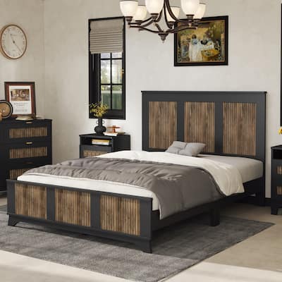 Farmhouse Wooden Platform Queen Size Bed, Modern Platform Bed with Wooden Strip Decoration, Plywood Slats Support