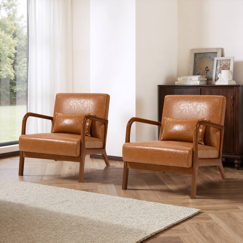 2 Set Mid-Century Modern Faux Leather Accent Chairs with Cushion