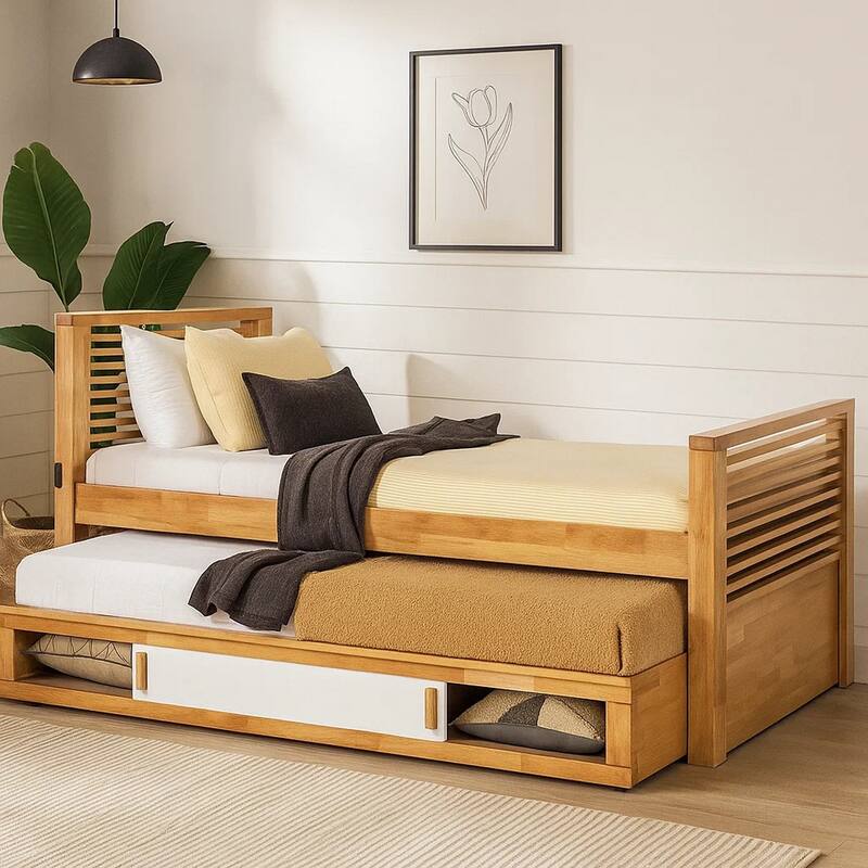 Dilu Twin Size Captain Bed with Storage Trundle, Light Oak Brown