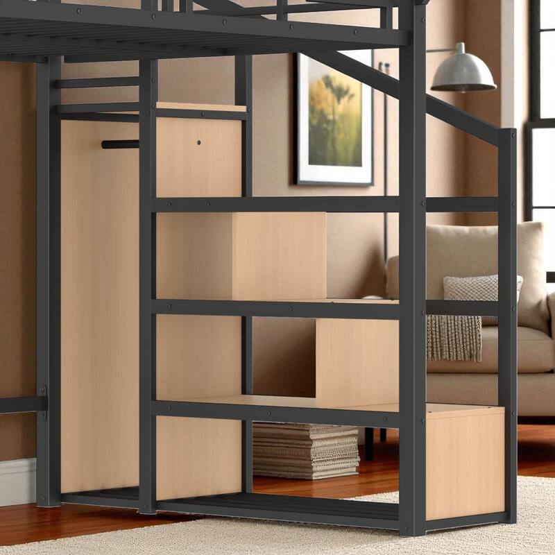 Metal Loft Bed Twin XL/Full/Queen with Storage Stairs, Built-in Wardrobe, USB Ports and LED Lights