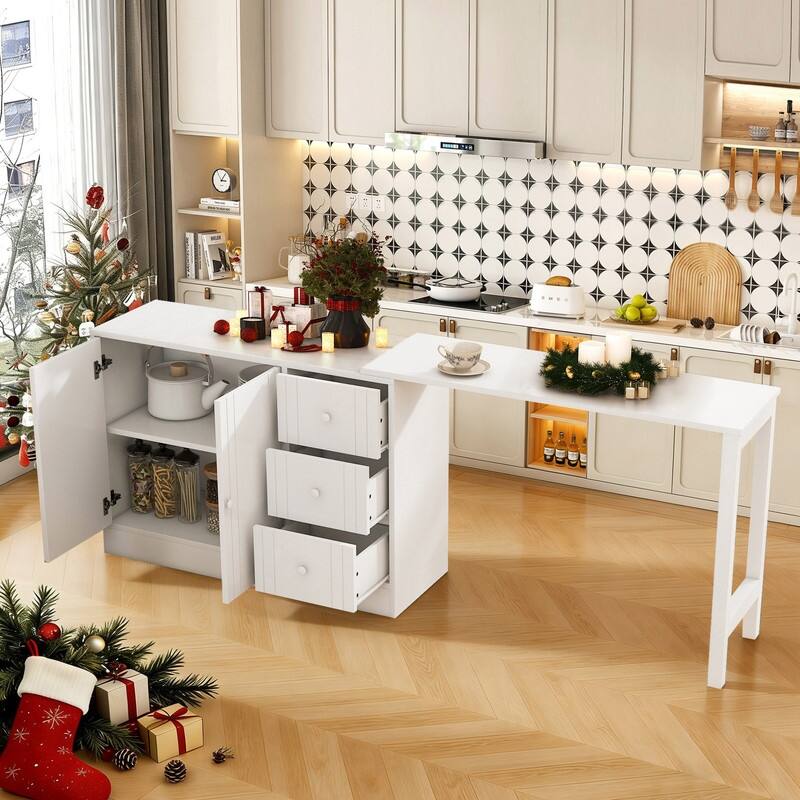 Multifunctional 89.7" Wooden Sideboard with Extendable Table and Storage for Living Room Organization - White