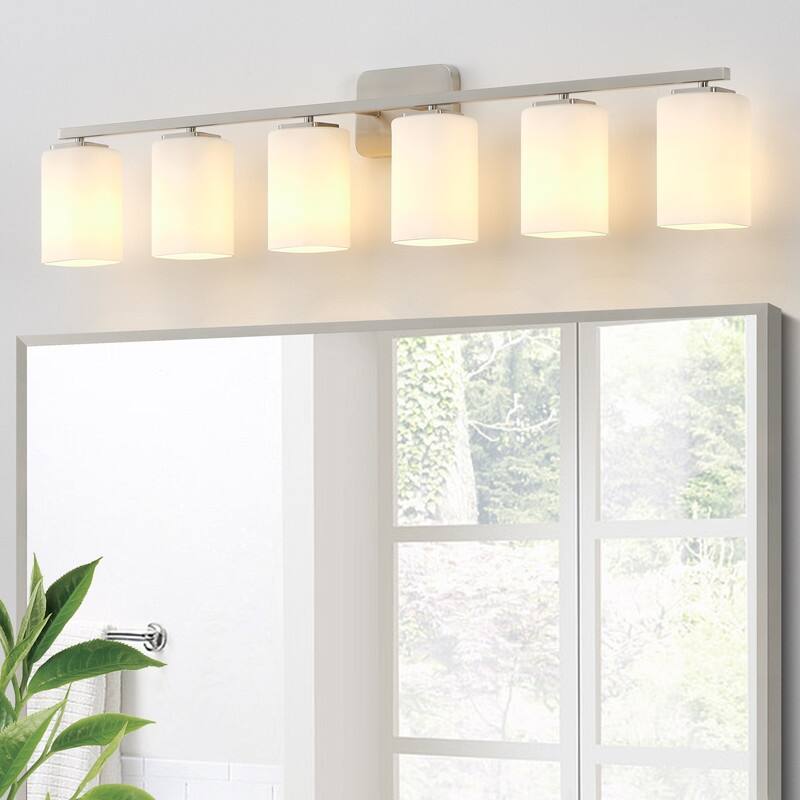 KAWOTI Modern & Contemporary Vanity Light with Frosted Glass Shade - 6-Light(W43.25") - Brushed Nickel
