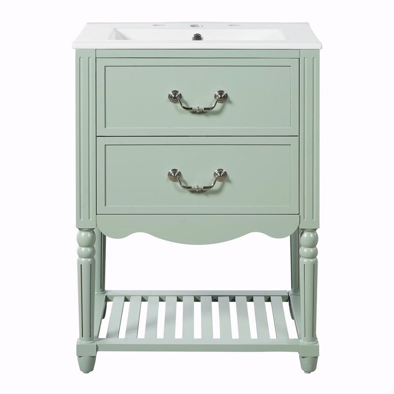 24'' Vintage Bathroom Vanity with Ceramic Sink, Freestanding Cabinet with 2 Drawers, Open Shelf