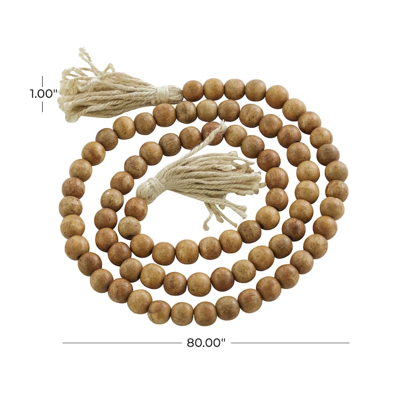 Mango Wood Handmade Round Long Carved Beaded Garland with Tassel - Roche River Decor