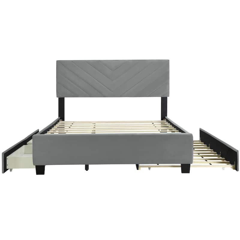 HomeRoots Gray Tufted Upholstered Queen Bed Frame With Trundle And Drawers