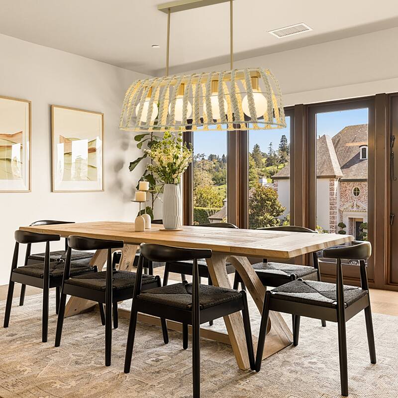 Roka 4-Light Rattan Linear Pendant, Coastal Boho - Handwoven - 38" Wide