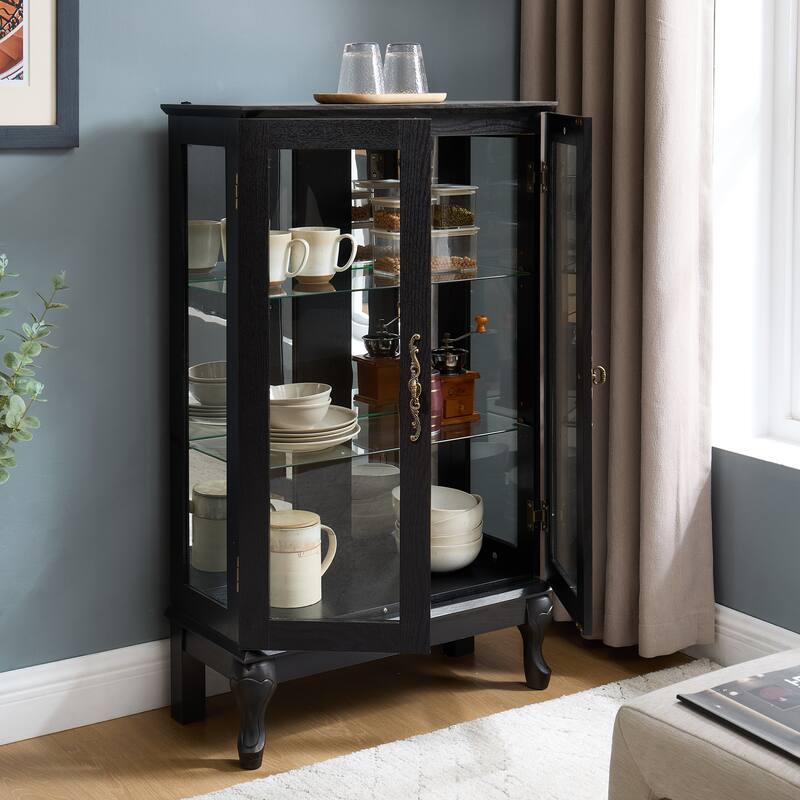 Curio Cabinet with Tempered Glass Doors, Lighted Display Cabinet with Mirrored Back Panel & Adjustable Shelves