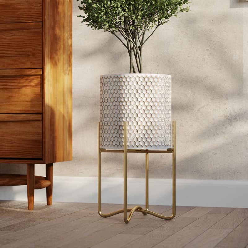 Honeycomb Mid-Century Modern Indoor Metal Pot Planter with Tall Metal Base - 25.25" H  x 13.25" W - Multi