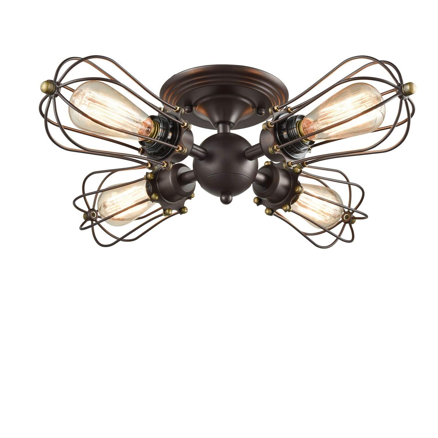 4 Light Oil Rubbed Seme Flush Mount Vintage Industrial Wire Cage Ceiling Light Antique Rust
