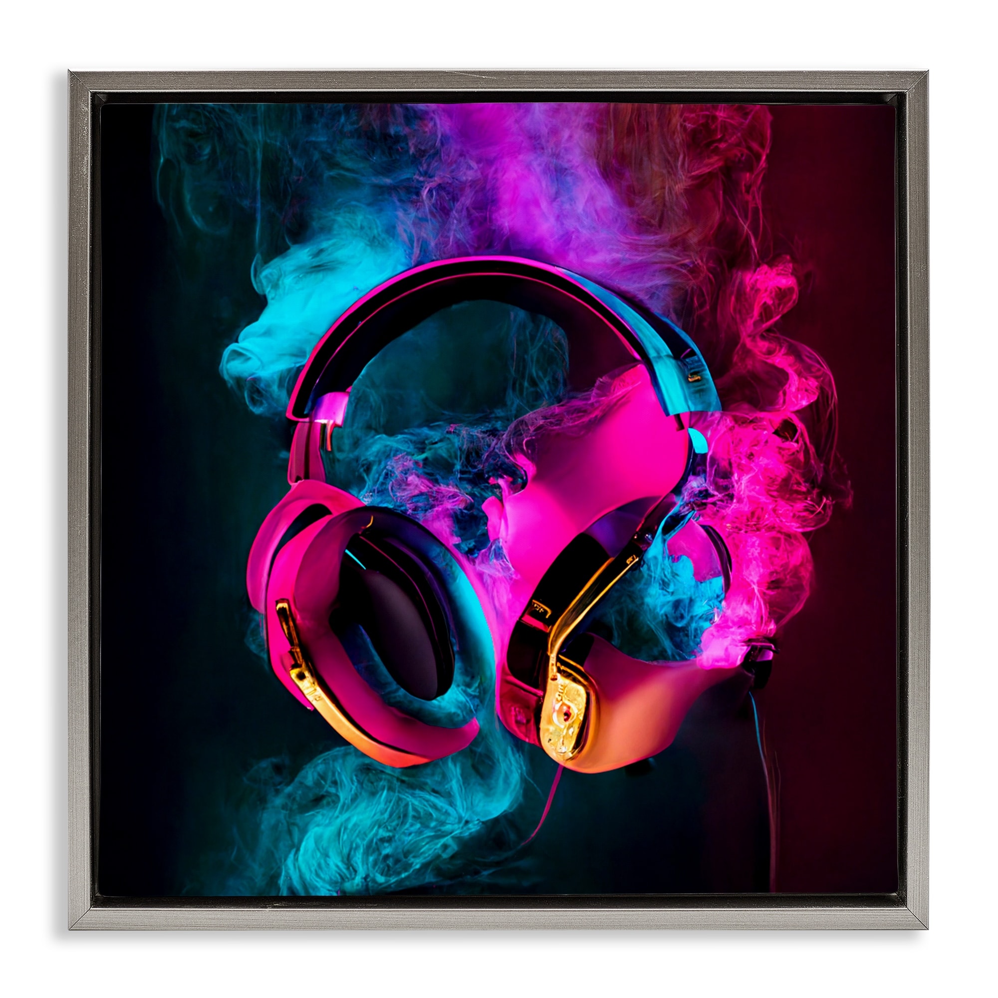 Stupell Power Play Pink & Blue Headphones Framed Floater Canvas Wall Art Design By Sasha