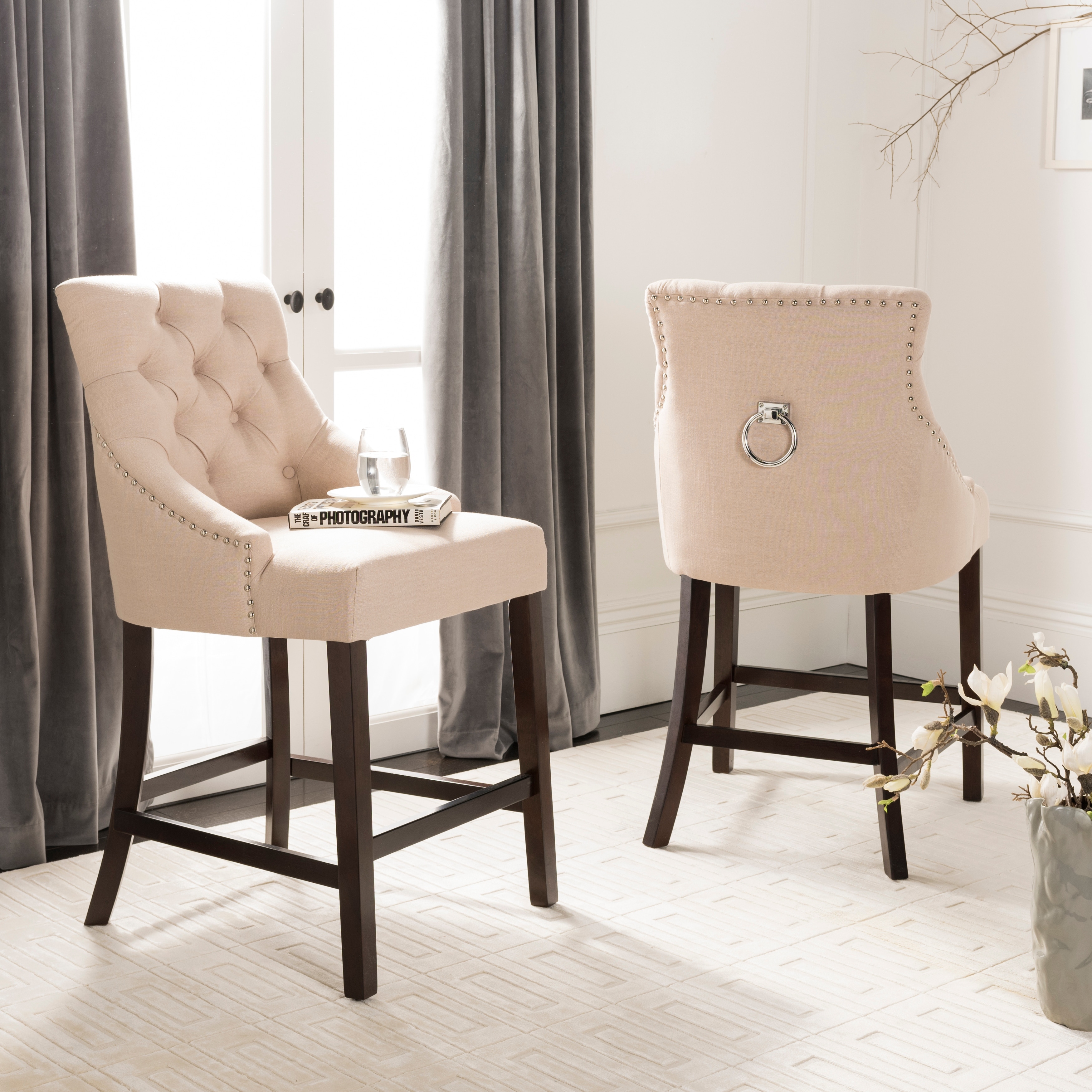 Linen bar stool with espresso wood online