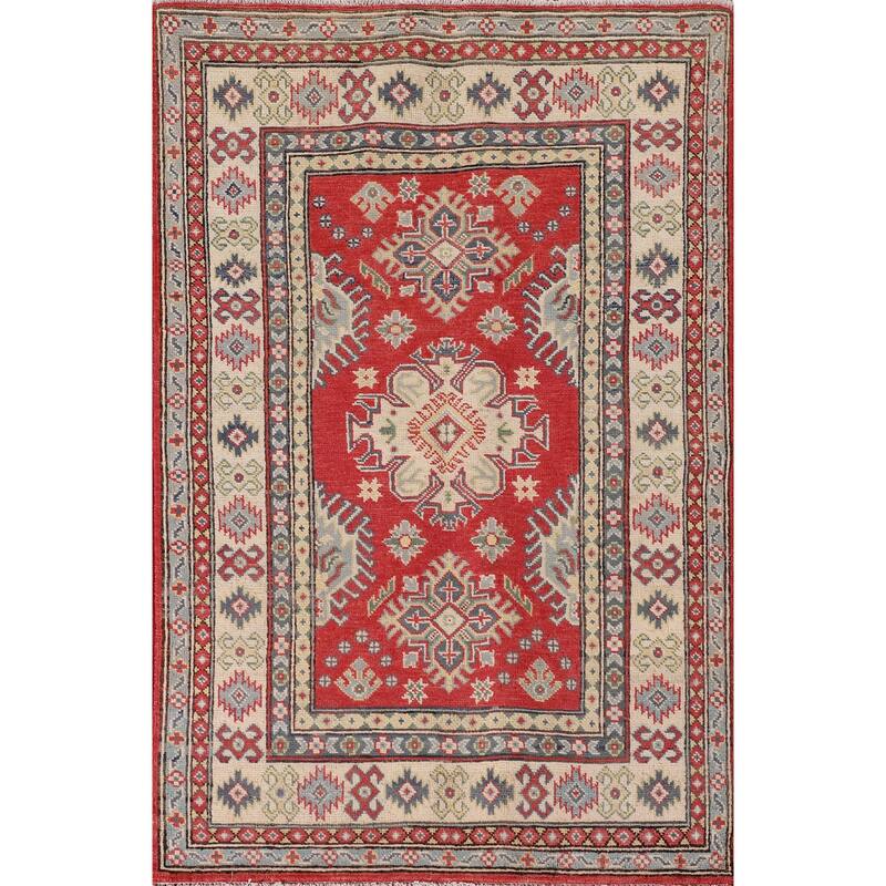 Geometric Kazak Accent Rug Handmade Red Wool Carpet - 3'2"x 5'0"