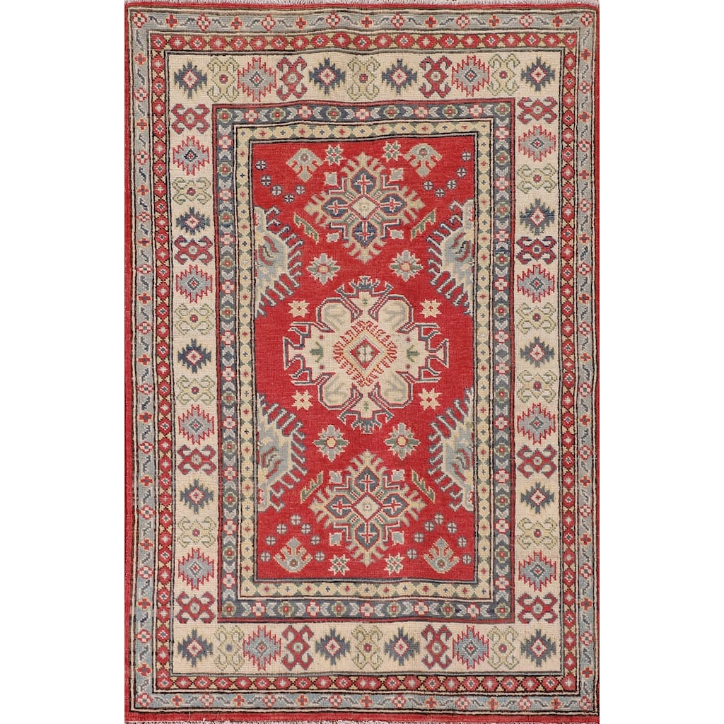 Geometric Kazak Accent Rug Handmade Red Wool Carpet - 3'2"x 5'0"