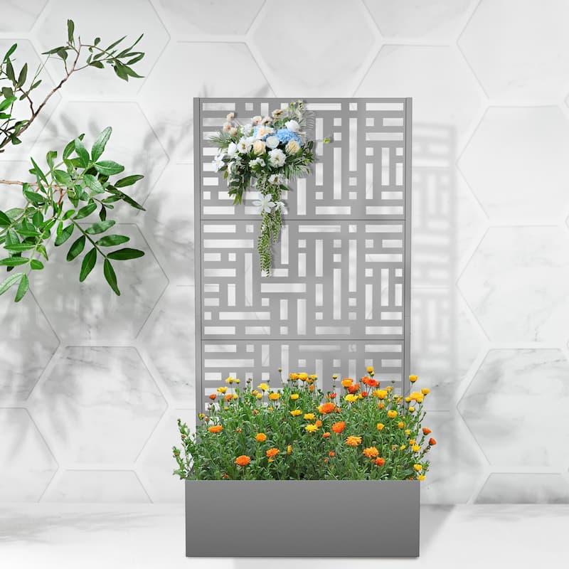 Different patterns Iron Planting Box Climbing Frame with Privacy Screen - 71x 35-street style-grey - Grey