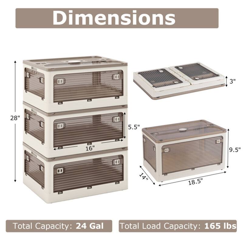 Cream White-Clear Brown Foldable Storage Bins 3-Pack with Wheels
