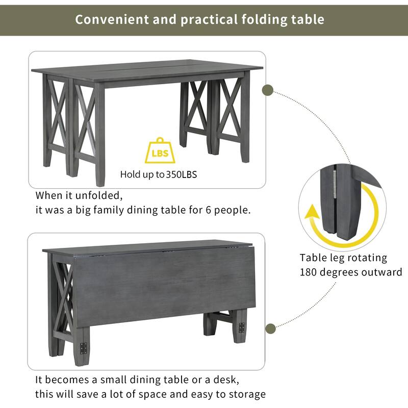 Gray 6-Piece Wooden Dining Table Set with Foldable Table & 4 Chairs