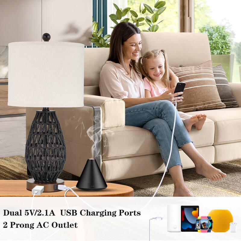 Cinkeda Table Lamp Black Rattan 3-Way Touch Dimmer USB Port(Set of 2) - 11'' x 11'' x 22.8'' (L x W x H)