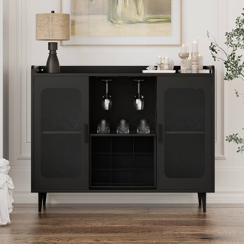 Modern Farmhouse Bar Cabinet with Charge Station and LED Light - Black
