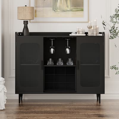 Modern Farmhouse Bar Cabinet with Charge Station and LED Light, Wine Cabinet with Glass Holder
