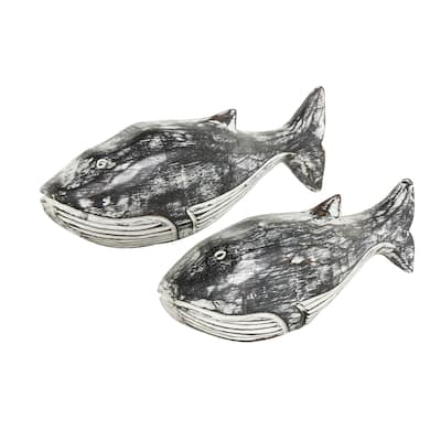 Wood Whale Distressed Sculpture - Set of 2 Cream - Roche River Decor - 3"W x 13"L x 5"H