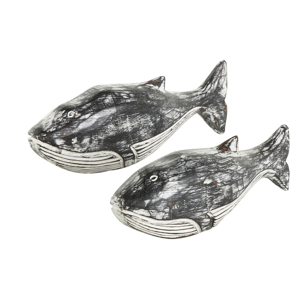 Wood Whale Distressed Sculpture - Set of 2 Cream - Roche River Decor - 3"W x 13"L x 5"H